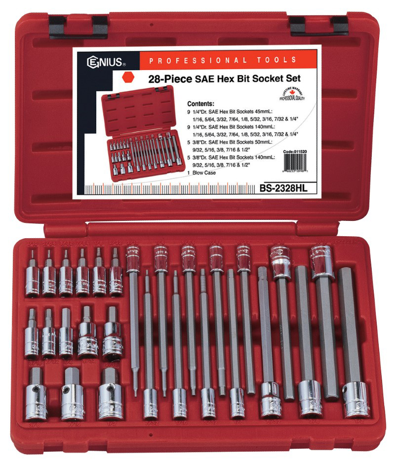 28 Piece 1/4″ & 3/8″ Dr. SAE Hex Bit Socket Set