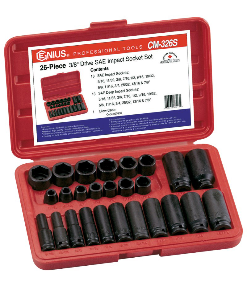 26 Piece 3/8″ Dr. SAE Deep Impact Socket Set Cr-Mo