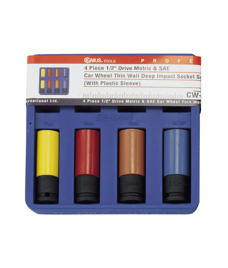 4 Piece 1/2″ Dr. Metric & SAE Car Wheel Thin Wall Deep Impact Socket Set