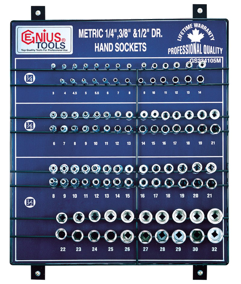 105 Piece 1/4″, 3/8″ & 1/2″ Dr. Metric Hand Socket Display Board