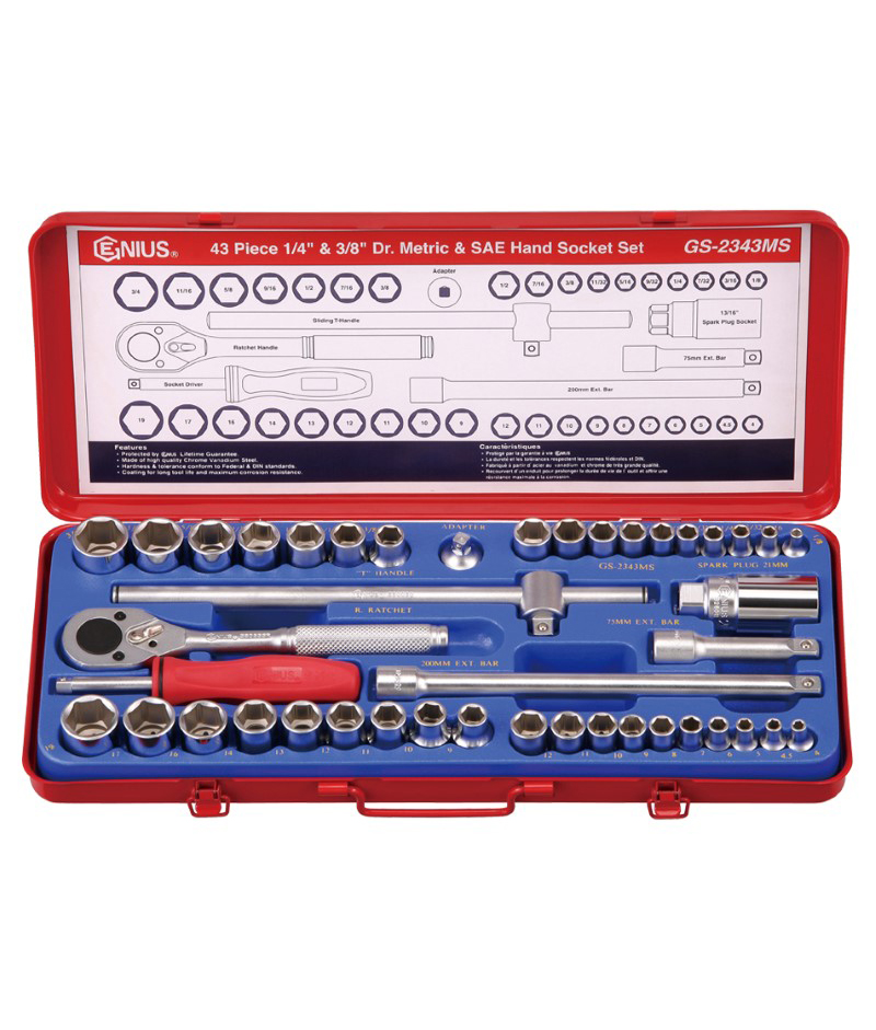 43 Piece 1/4″ & 3/8″ Dr. Metric & SAE Hand Socket Set
