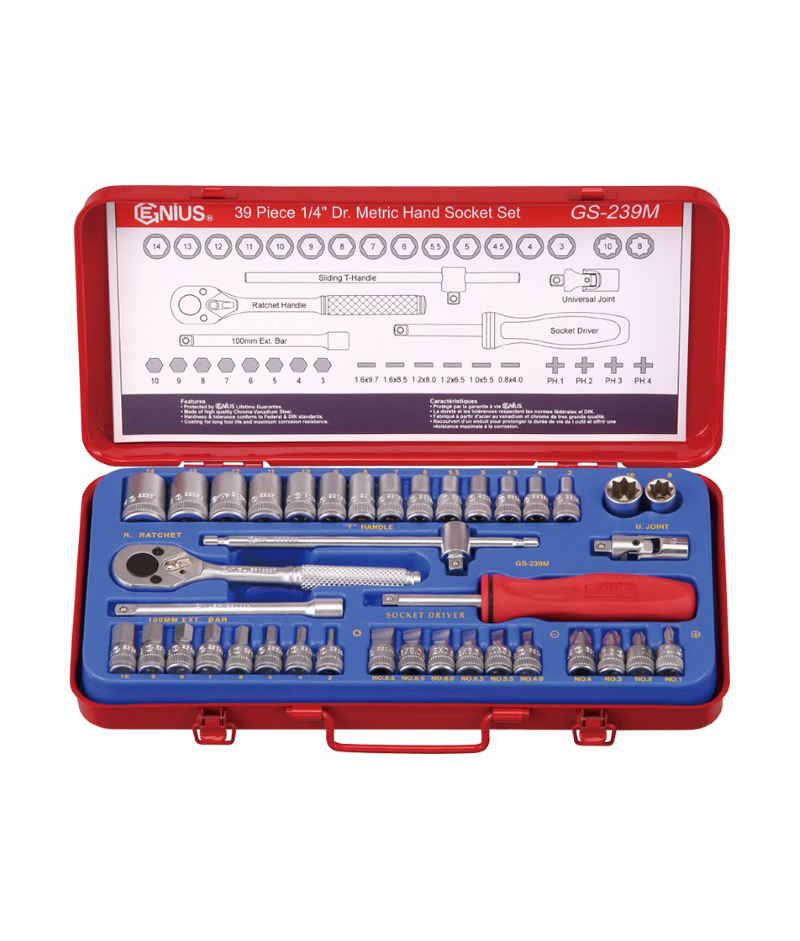 39 Piece 1/4″ Dr. Metric Hand Socket Component Set (6 pt. & 8 pt.)