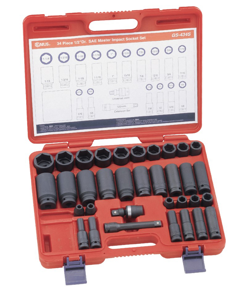 34 Piece 1/2″ Dr. SAE Master Impact Socket Set Cr-Mo
