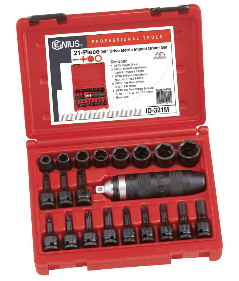21 Piece 3/8″ Dr. Metric Impact Socket & Head Driver Set Cr-Mo