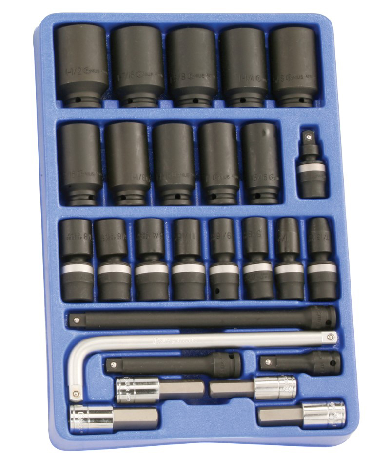 27 Piece 1/2″ Dr. SAE Impact Socket, Swivel Socket & Accessory Set Cr-V