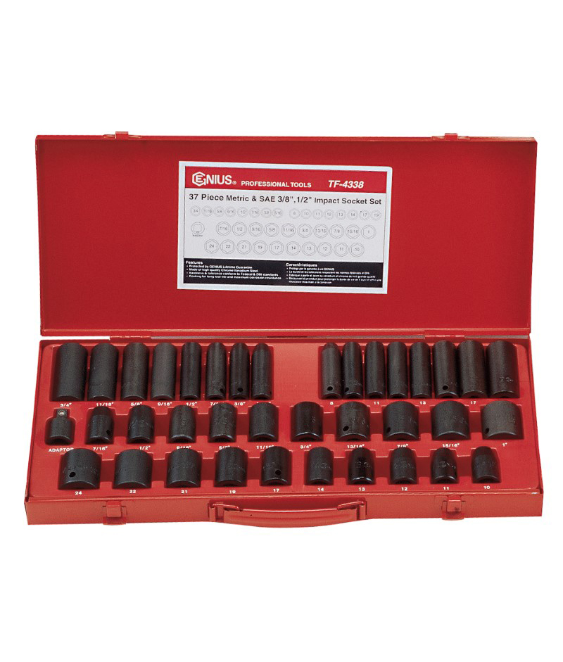 37 Piece 3/8″ & 1/2″ Dr. Metric & SAE Impact Socket Set Cr-V