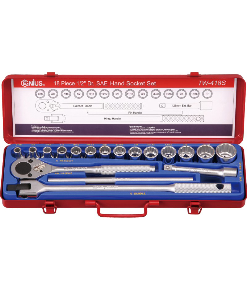 18 Piece 1/2″ Dr. 12 pt. SAE Hand Socket Set