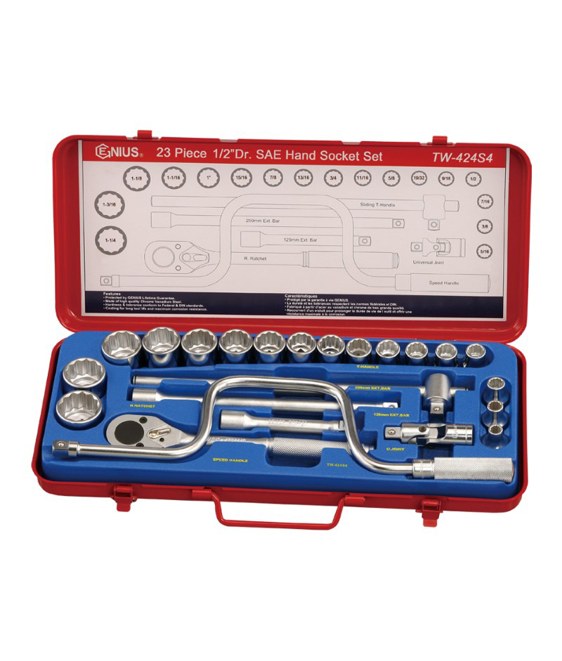 23 Piece 1/2″ Dr. 12 pt. SAE Hand socket set